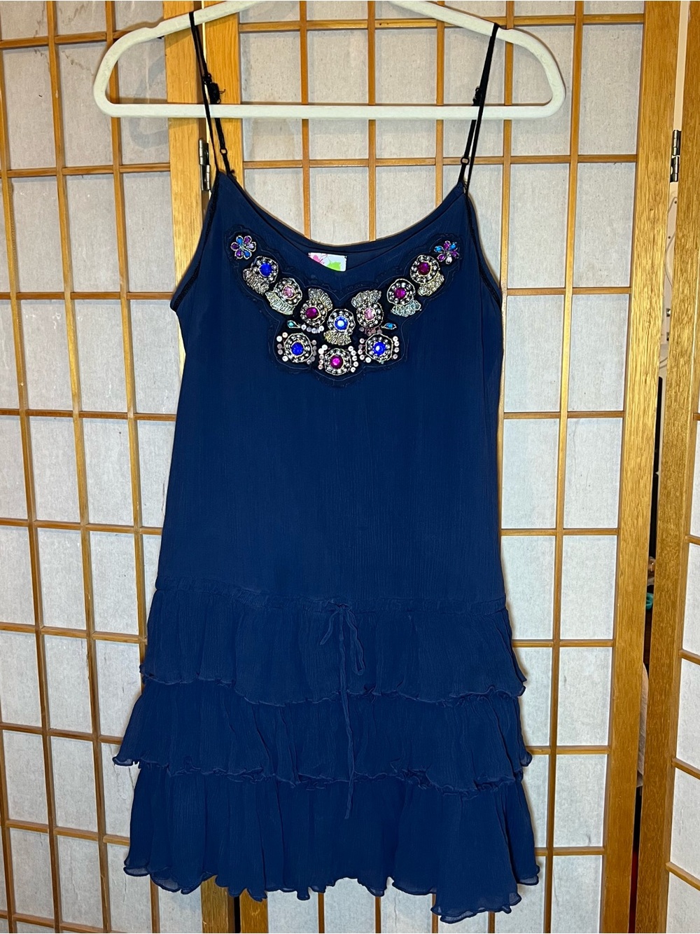 Free People 100% Silk Beaded Tiered Ruffle Drop Waist Slip Mini Dress M